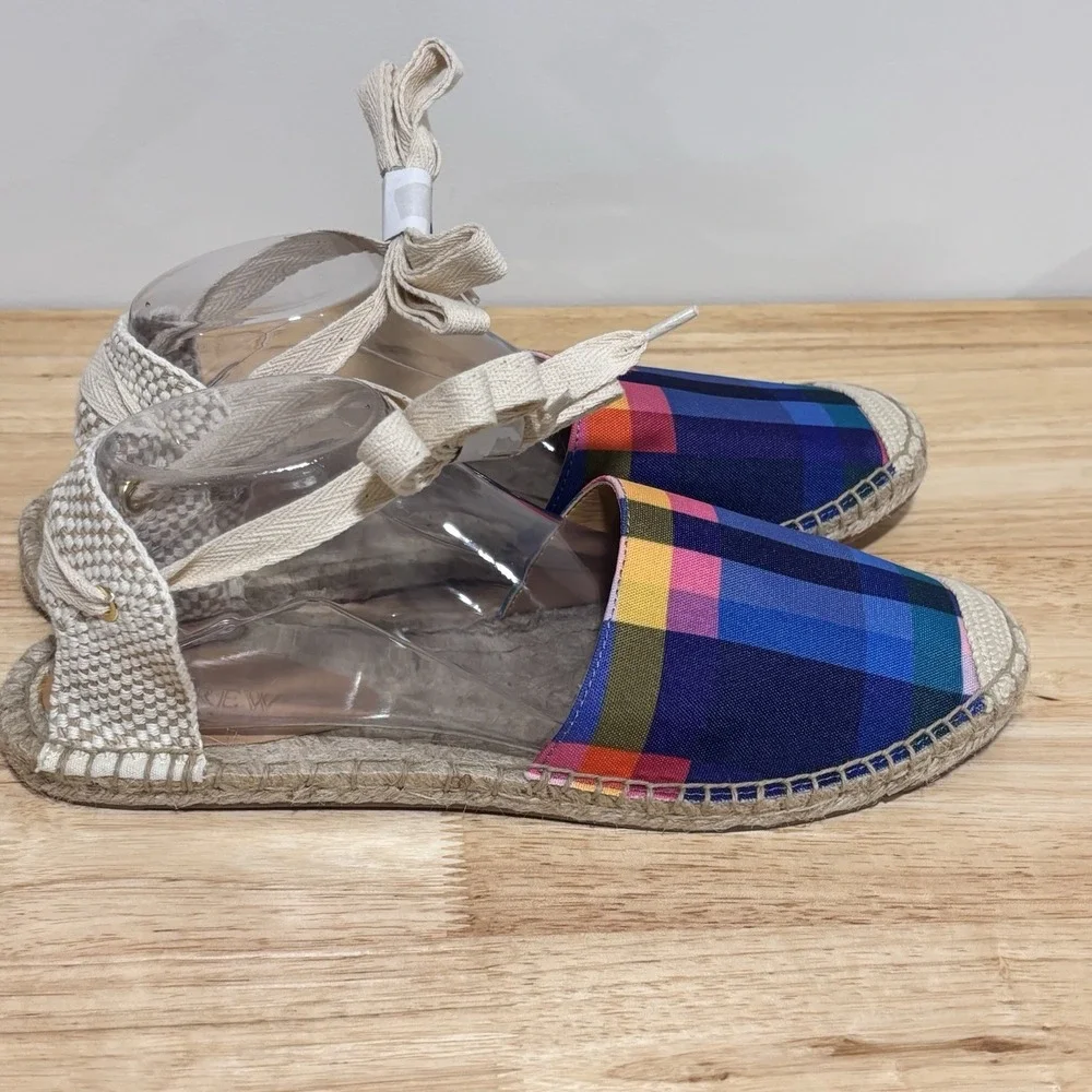J. Crew Navy Blue Madras Plaid Ankle Tie D'Orsay Flat Espadrilles size 10.5 NEW